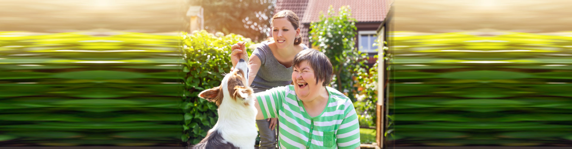 women playing with a dog